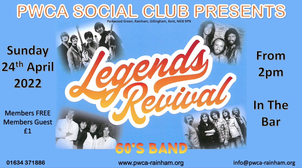 pwca_rainham's tweet photo. PWCA SOCIAL CLUB PRESENTS 

LEGENDS REVIVAL🎤

SUNDAY 24th APRIL 2022🎸

From 2pm in the bar 🎶

Members Free, members guest £1 https://t.co/Rxv65EfmwY