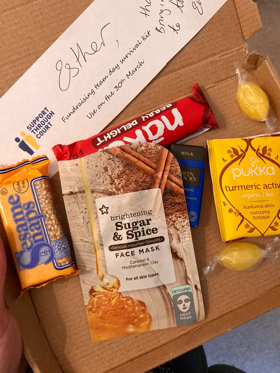 EstherElshen's tweet photo. With the fab @SupportTCourt Fundraising team today (online) - loved receiving this survival kit in the post to keep me going, thank you @etaylorlondon https://t.co/xw5O7qvb5q