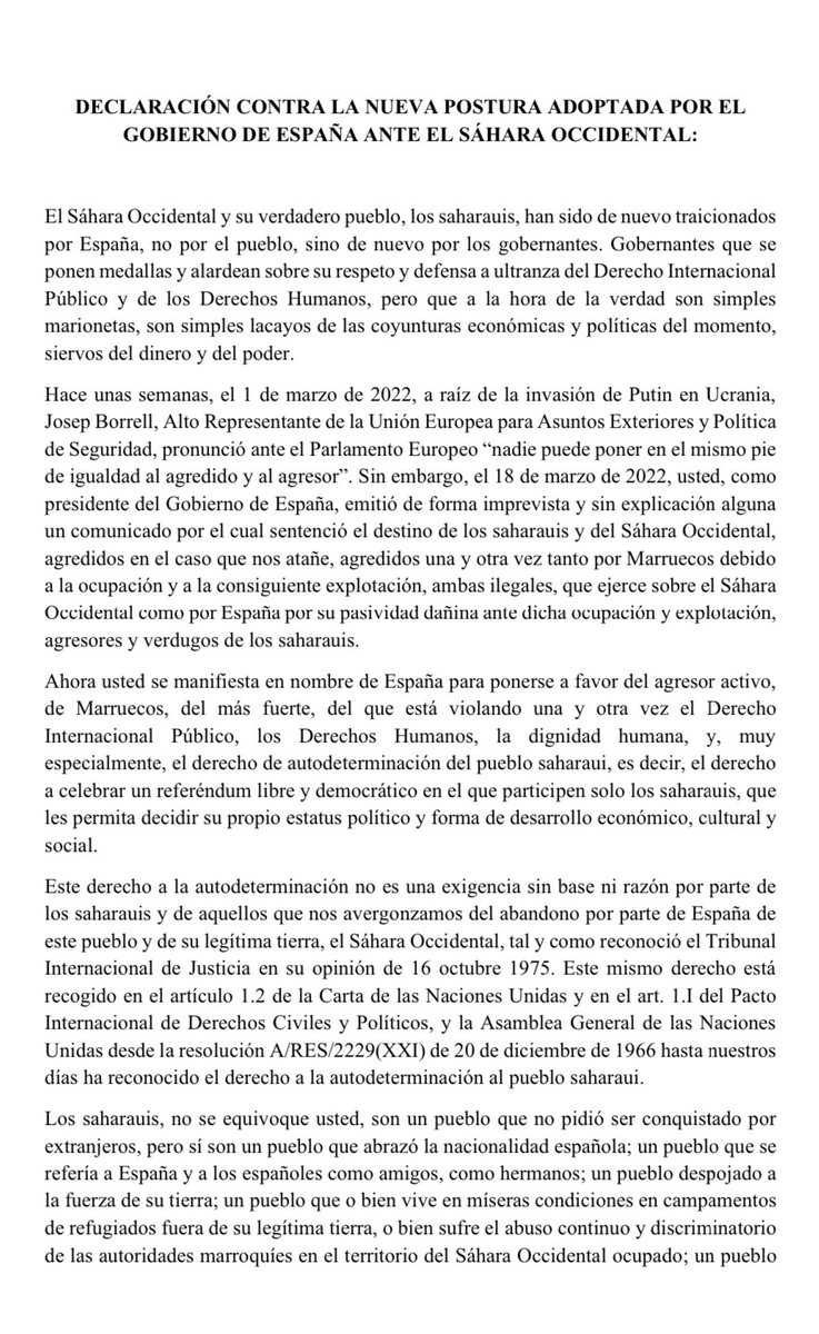 entredunas25's tweet photo. Enviada al Complejo de la Moncloa la declaración contra la nueva postura adoptada por @sanchezcastejon sobre el #SáharaOccidental 

@sanchezcastejon atiende, ¡EL SÁHARA NO SE VENDE! 

#sanchezmarioneta https://t.co/4DR32BewMo
