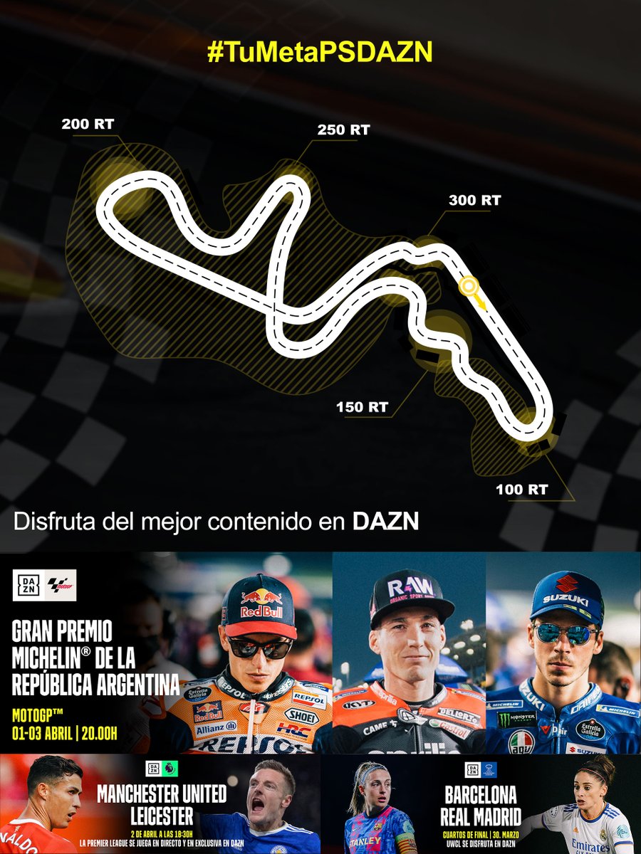 ¡SORTEO para Plusers!🔥 Hemos creado nuestro propio circuito #TuMetaPSDazn. Si quieres 2 meses de suscripción: 
✔RT a este twit
✔ Seguir a @PSPlusES y @DAZN_ES 
✔ Mención a un amigo con #TUMETAPSDAZN.
🏁🏁GO🏁🏁
Tenemos 5 premios🎁Hasta 23:59. INFO: bit.ly/BLDZAN