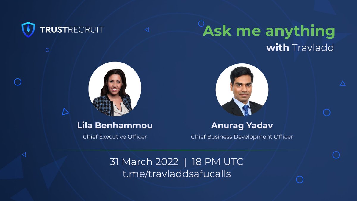 trust_recruit's tweet photo. 📣 #TrustRecruit is thrilled to host an #AMA with
@travladd !! 💫
🧭Time: 6PM UTC / March 31st, 2022
🏛Venue: https://t.co/QmXsJi7kqB
Don't forget to register for our $TRT #Privatsale here! 👉🏾👉🏾https://t.co/FOsqMOvLG5
🚀🚀Tokens are selling fast, don't miss out🚀🚀 https://t.co/DXB5wvZtHc