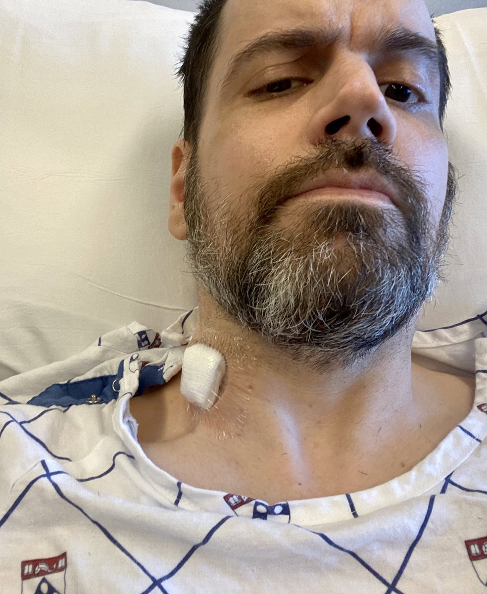 PatrickTitus's tweet photo. Good news! Got stabbed in the neck!

They poked around my heart a bit. Switched up some meds. Got some good sleep, the best in weeks! 

Short-term is feeling good, just need to be able to keep this up outside of the hospital. 

Bonus pic of my dumb face. 
You’re welcome! https://t.co/ZX1hOJNwWs