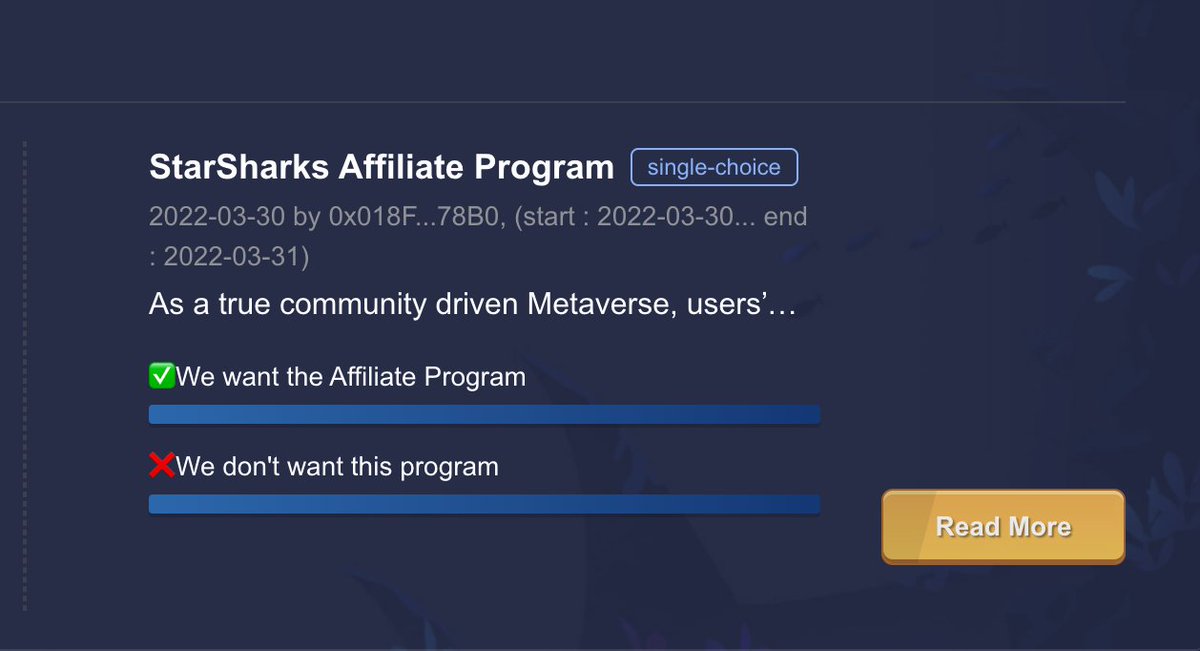 StarSharks_SSS's tweet photo. 📢Hey Sharkies!

The voting for StarSharks Affiliate Program 💫 is live now! 🔥
🔗 https://t.co/YwcwMsF2dB

Remember to cast your vote to make a better Shark-metaverse together! 🥂

#Starsharks #DAO #Metaverse https://t.co/QcKczuM1OI