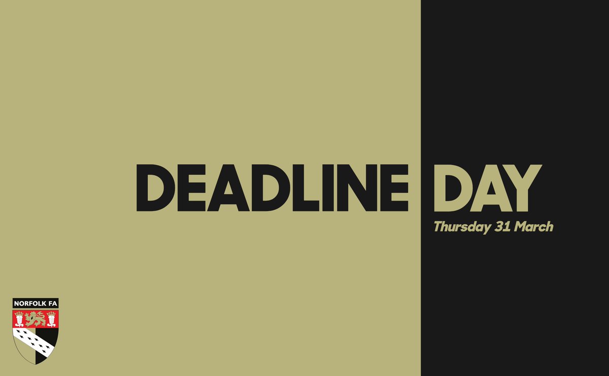 NorfolkCountyFA's tweet photo. Tomorrow is DEADLINE DAY for the registering or transferring of any new players in a Norfolk FA sanctioned League. #NorfolkFootball ⚽️

If you need any assistance, please e-mail Support@NorfolkFA.com. https://t.co/50HZUJY14P