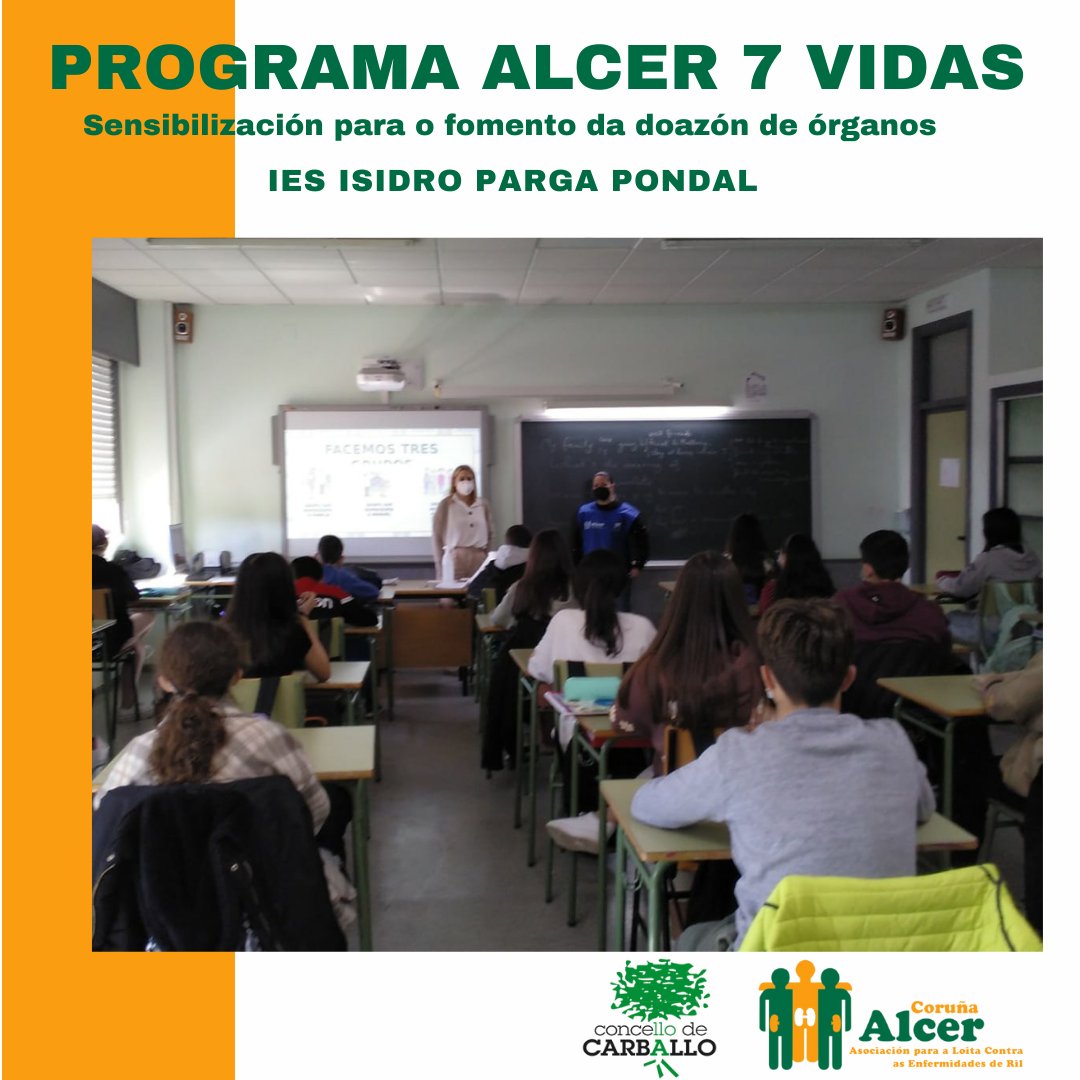 alcercoruna84's tweet photo. 🧡💚🧡 FOMENTO DA DOAZÓN DE ÓRGANOS NO IES ISIDRO PARGA PONDAL DE @carballo_gal
O mércores 23 e xoves 24 impartimos 6 charlas sobre a doazón de órganos e hábitos de vida saudable a 143 alumnas e alumnaos de 2º e 3º da ESO.
#Alcer #AlcerCoruña #ProgramaAlcer7Vidas https://t.co/lirqRxpCag
