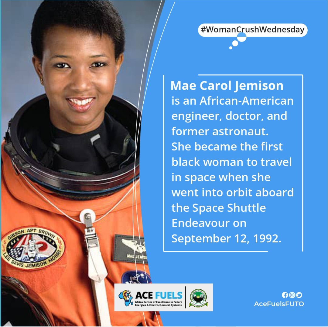 AceFuelsFUTO's tweet photo. Mae Carol Jemison is an African-American engineer, doctor, and former astronaut.

Mae Carol Jemison became the first black woman to travel in space when she went into orbit aboard the Space Shuttle Endeavour on September 12, 1992.

#WCW #Acefuels #WomenInScience #WomenInSTEM https://t.co/kh32hxXdDC