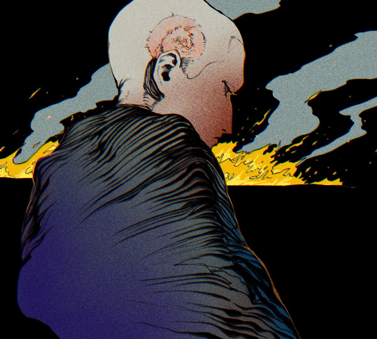 solo bald male focus 1boy black background upper body fire  illustration images