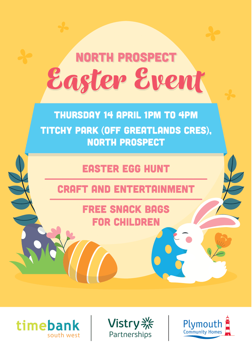 PlymCommHomes's tweet photo. Hop along to the #NorthProspect Easter Event which is being run in partnership with @TimebankSW and @teamvistryp 🐰 https://t.co/i1OxyNpUqV