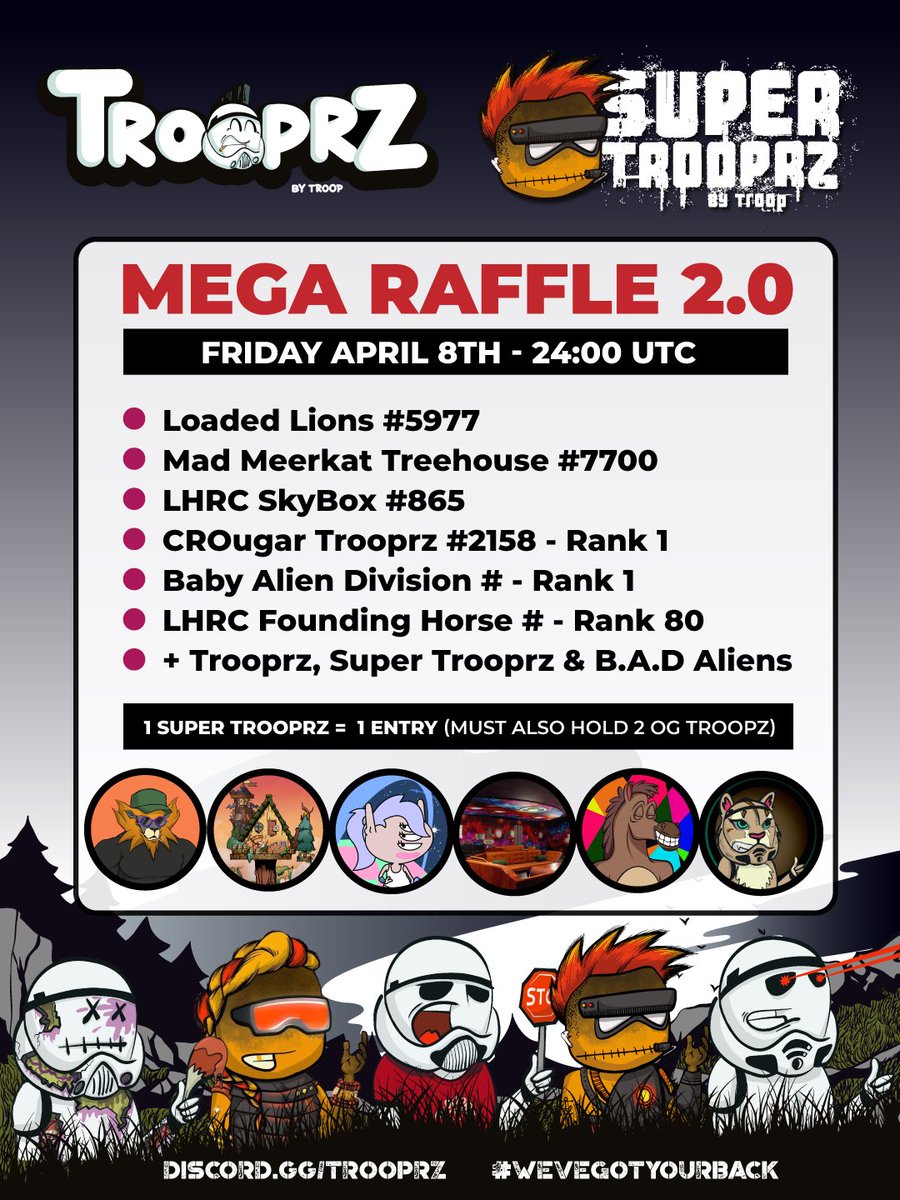 Here we go again @trooprzarmy and #crofam  

Grab you tickets and be in with a chance! 

You’ll need: 

1 x Super Trooprz (Entry) 

2 x OG Trooprz (Validate)

ANOTHER $10k PRIZE FUND! 🔫

See you APRIL 8th! 🔥

app.ebisusbay.com/collection/sup…

app.ebisusbay.com/collection/tro…

#troop #cronos