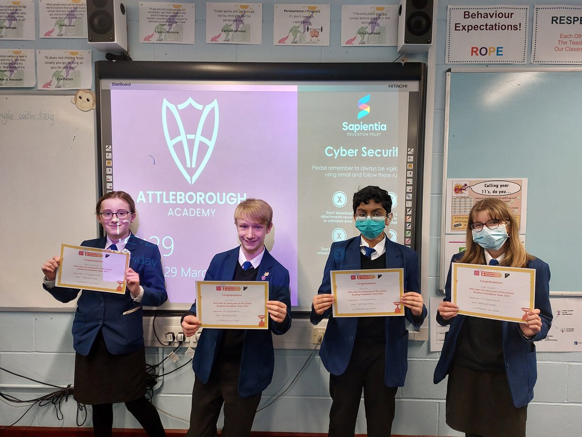 AANLiteracy's tweet photo. Well done to our team for representing @AttleboroughAN so well at the cross-regional heat of the National Reading Champions Quiz yesterday! #NRCQuiz2022 @Literacy_Trust https://t.co/ai8NLCzFVL