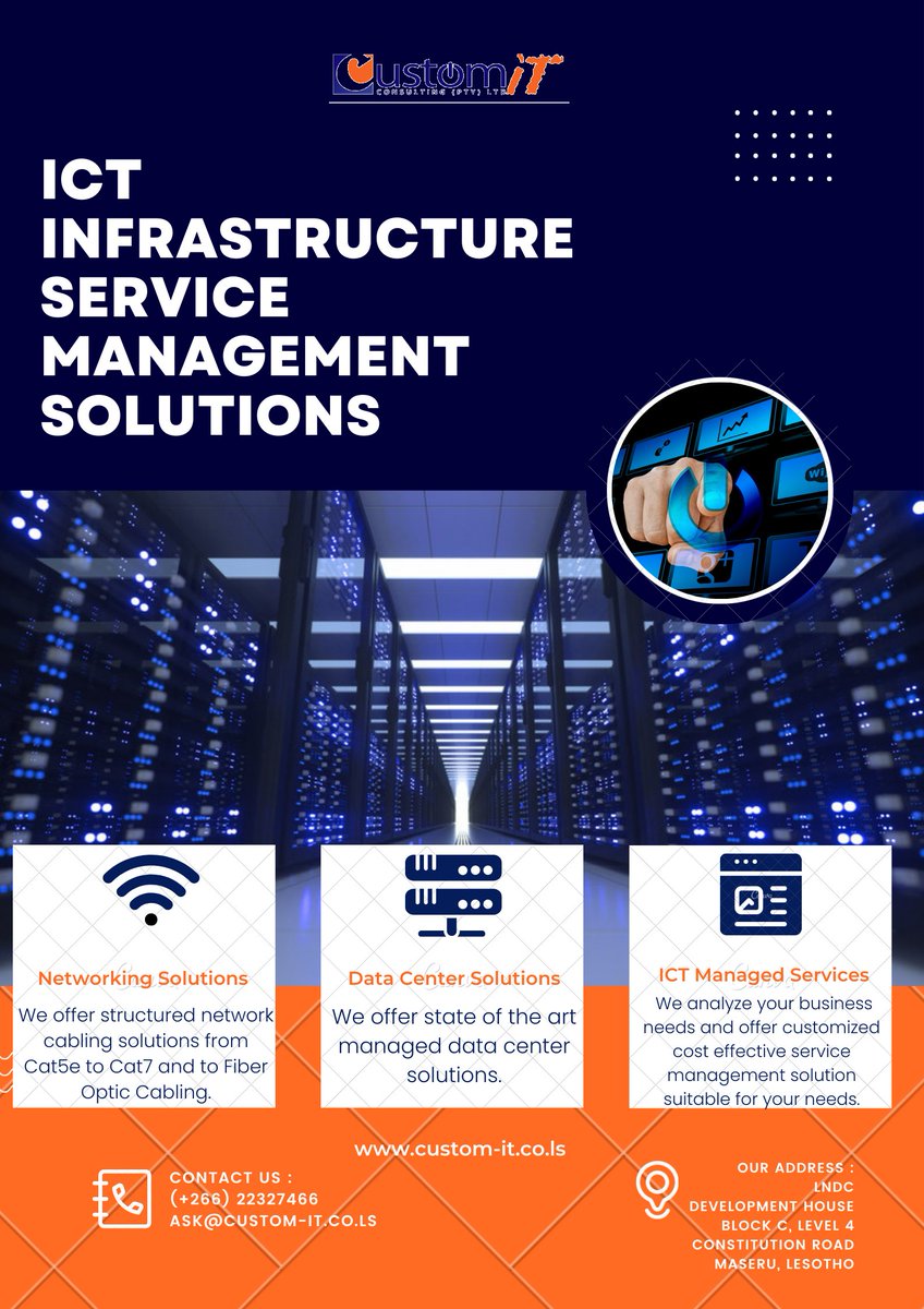 _CustomIT's tweet photo. For all your ICT infrastructure service management needs, contact us or visit our website https://t.co/N2RFECdBvh and request a quote. #lstwitter #Lesotho #CustomIT #ICT #ICTBusiness https://t.co/BDHwAVEuUb