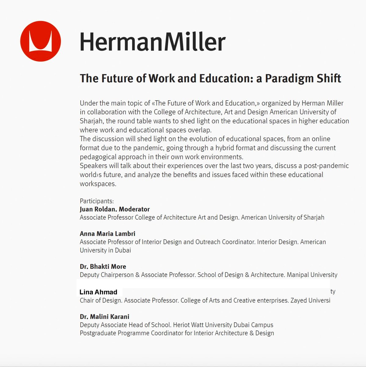 LinaAhmad_arc's tweet photo. It was an honor to take part in round table discussion «The Future of Work and #Education» organized by @HermanMiller in collaboration with CAAD AUS Moderated Juan Roldan @hwanroldan Participants #InteriorDesign faculty from different UAE Universities @ZU_CACE @Zayed_U @CACE_ZU https://t.co/XfaQ6XlUfh