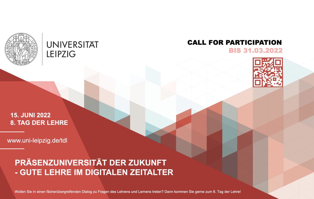 GUTE LEHRE IM DIGITALEN ZEITALTER:
Bis morgen noch die Chance nutzen und den 8. #TagDerLehre an der <a href="/UniLeipzig/">UNIVERSITÄT LEIPZIG</a> mitgestalten: Wir freuen uns auf Ihre Ideen, Projekte und Beiträge!

CALL FOR PARTICIPATION | Bis zum 31.03.2022

uni-leipzig.de/universitaet/a…
