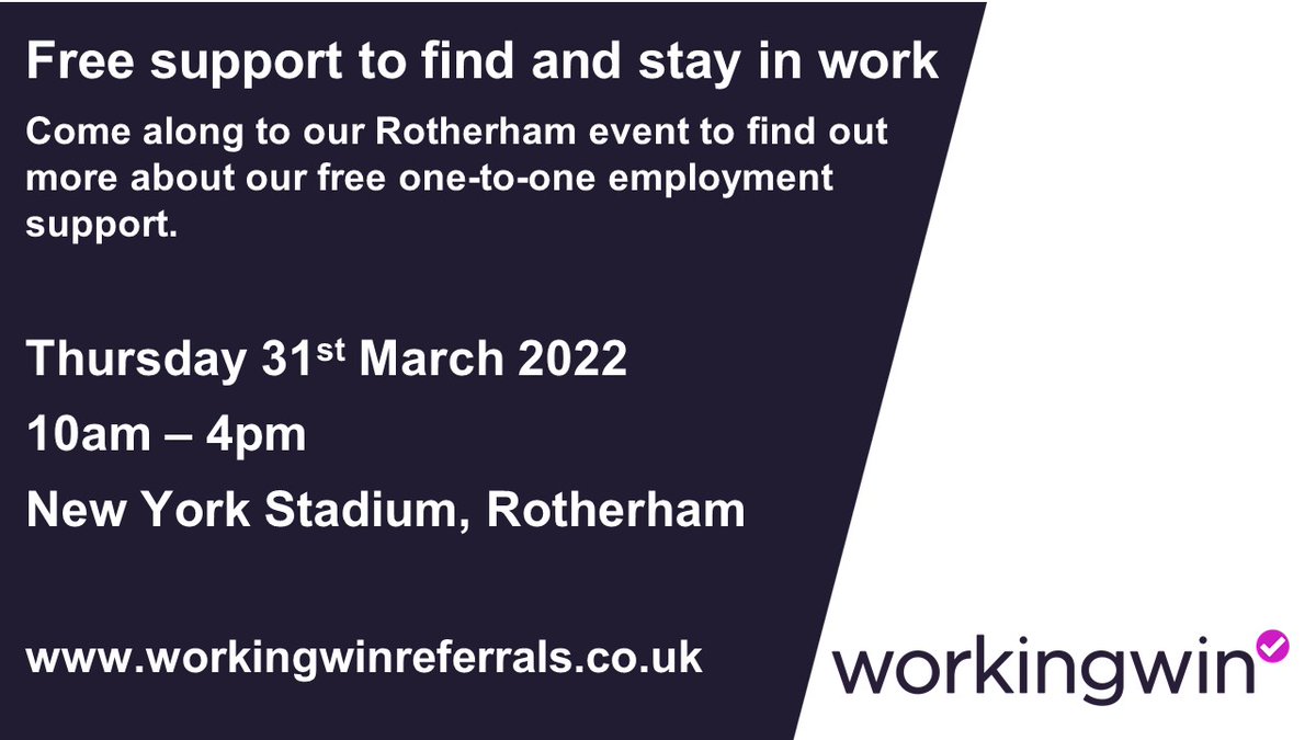 WorkingWin's tweet photo. We're excited to be in #Rotherham tomorrow at the 
@NewYorkStadium1 with @RU_CST at the Youth and Employment Hub! Our friendly team of Employment Specialists will be there to talk about our free support to help you find and stay in work. Everyone is welcome, see you there!🤩 https://t.co/sPnt1Xj5cq