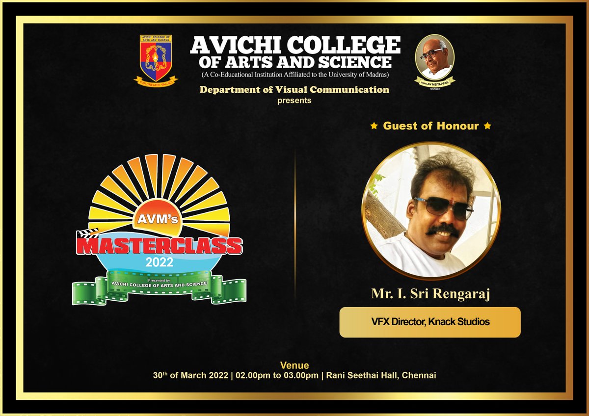 avmmasterclass's tweet photo. DAY 3:
📆Reminder📆
🎬Masterclass🎬
/MEET THE VFX DIRECTOR/
UP⏭ for the AVM's Masterclass is with Mr. Mr. Rengaraj, VFX Director, Knack Studios.

Stay Tuned For More Updates. 
#masterclass2022 #másterclass #avichicollege #viscomavichicollege https://t.co/4uqPGb2Ej8