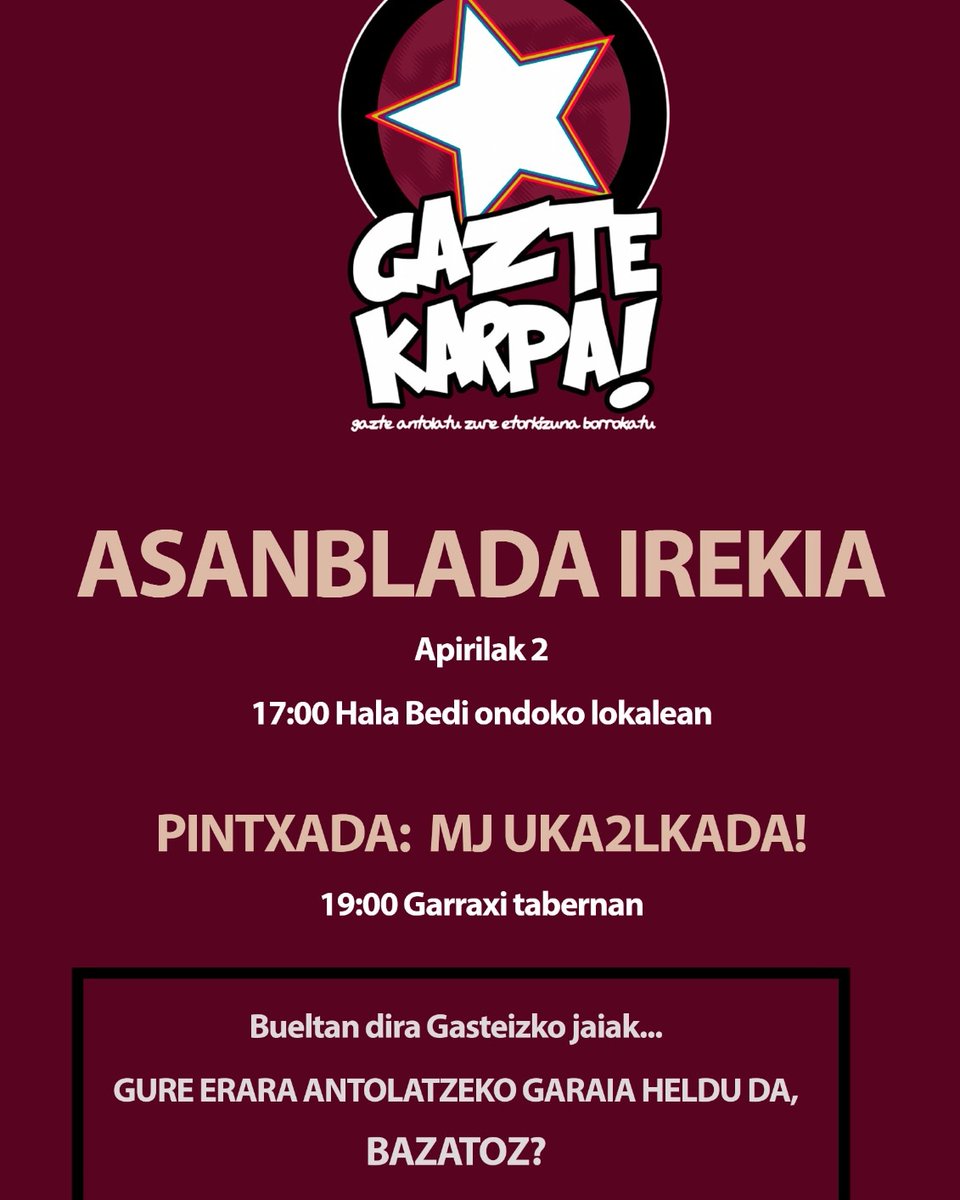 GazteKarpa's tweet photo. 🚨Adi gazte! Gazte karpa  inoiz baino gogo gehiagorekin bueltan da!
Horregatik, larunbat honetan,Apirilak 2, Bilera irekia egingo dugu Halabedi ondoko lokalean 17:00etan
Ondoren,pintxada edukiko dugu Garraxin Mj. Uka2lkada-ren eskutik! 
Animatu gure jai eredu herrikoiak sortzera! https://t.co/1sVzKojLzt