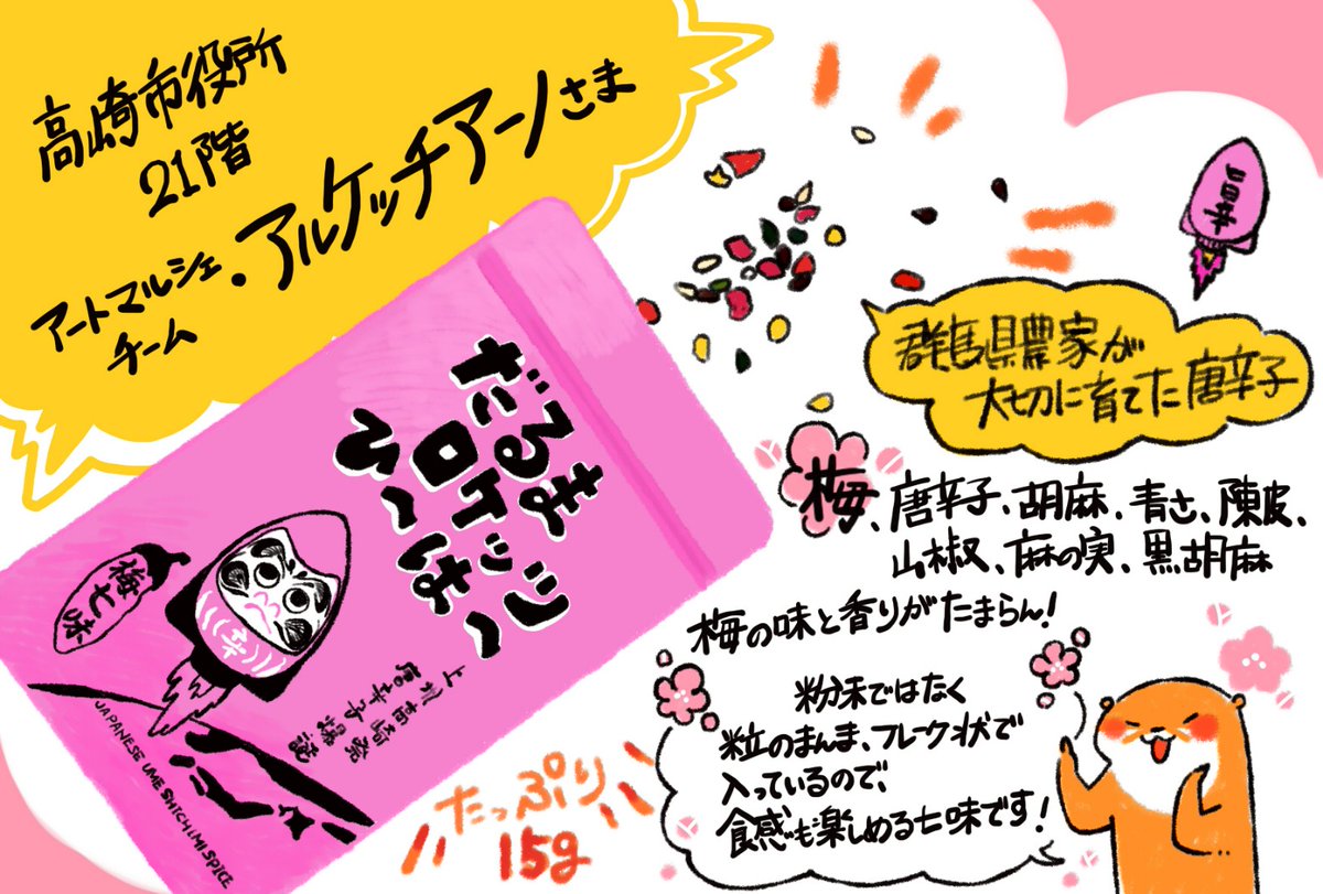 高崎市役所21階展望レストラン【アートマルシェ チーム・アルケッチアーノ】さま https://t.co/1ra4Gkzkeb で購入した【梅七味】が美味しいんです✨

七味というと粉末タイプが多いですが、こちらはフレーク状といいますか、粒のまんま入ってて素材の味が、特に梅の香りと味が楽しめてとても美味しい💕 
