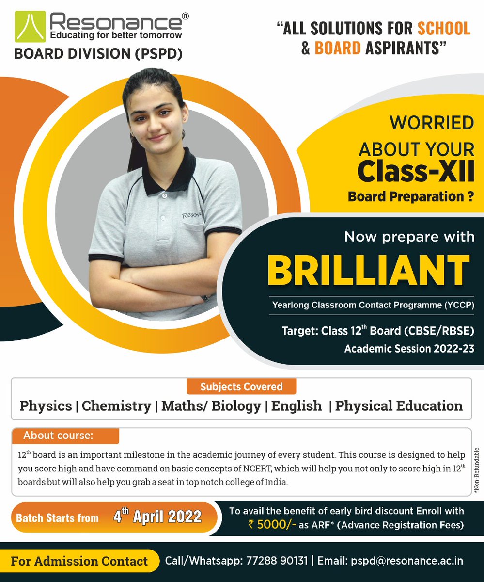 ResonanceEdu's tweet photo. 📣Attention 11th to 12th moving students...!!
🔷Resonance PSPD Flagship course BRILLIANT for Session 2022-23 from 4th April'22.
➡️Know More about BRILLIANT Course: https://t.co/Ain8K8LKaz

#Class12Board #12thcbse https://t.co/sYHJfA9DMK