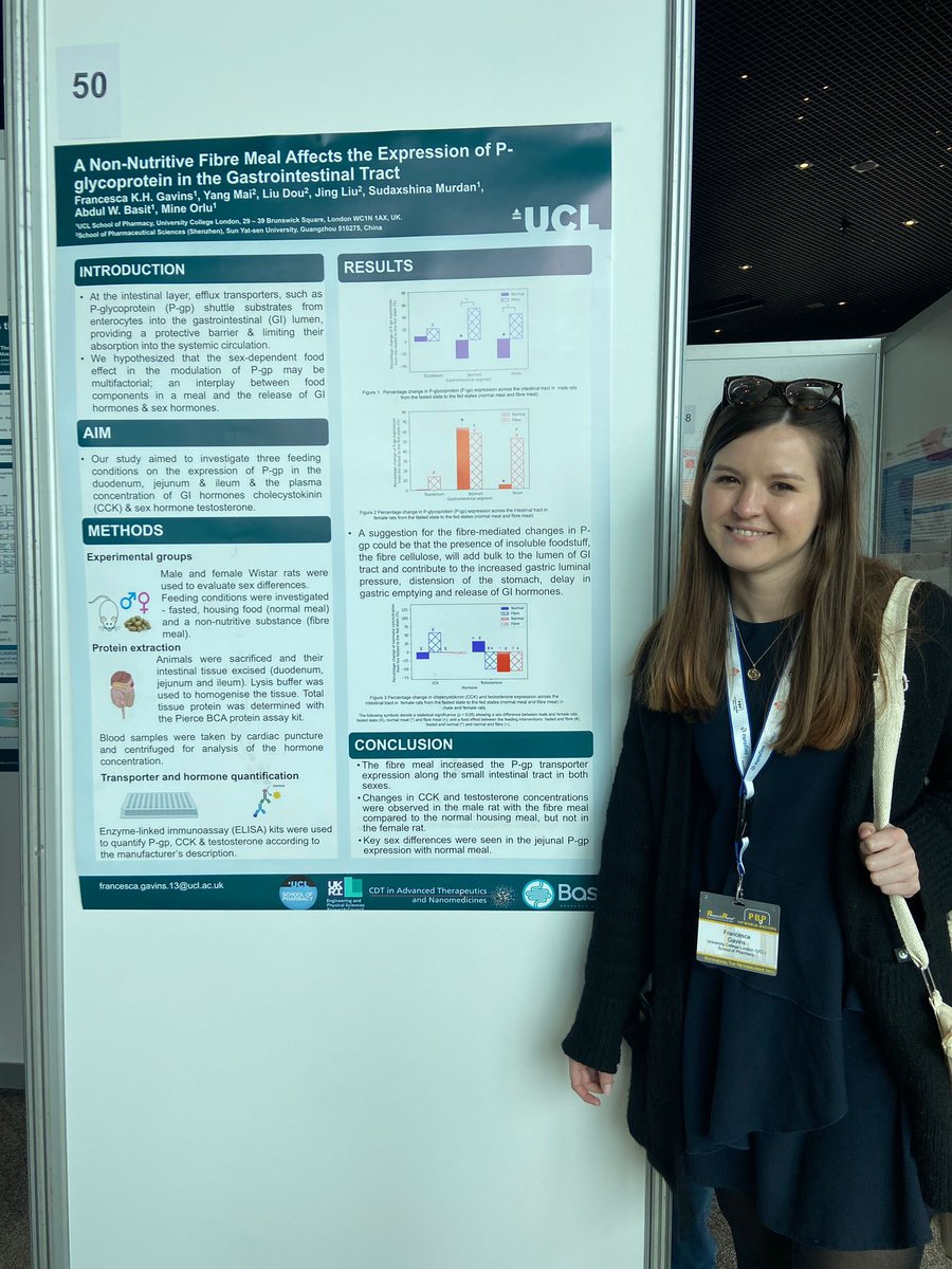 BasitResearch's tweet photo. At booth no. 50 and 75, final year PhD Candidate @cescagavins presents two posters on non-nutritive food effects on #Pgp expression in the GI tract and #machinelearning the predicting food effects on oral #medicines 👏 #WorldPBP https://t.co/xMHBnxh5cV