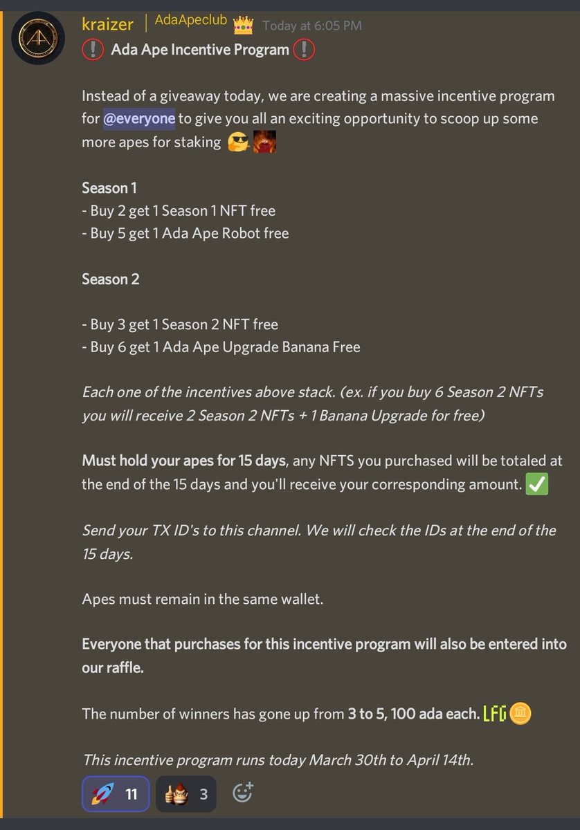 <a href="/AdaApeClub/">AdaApeClub</a> never fails to take care and reward its holders. New incentive program for holding and buying apes. Now is the time to stack more apes. Staking is right around the corner. 
#CNFTCommunity 
#AdaApeGang
#CNFTs
