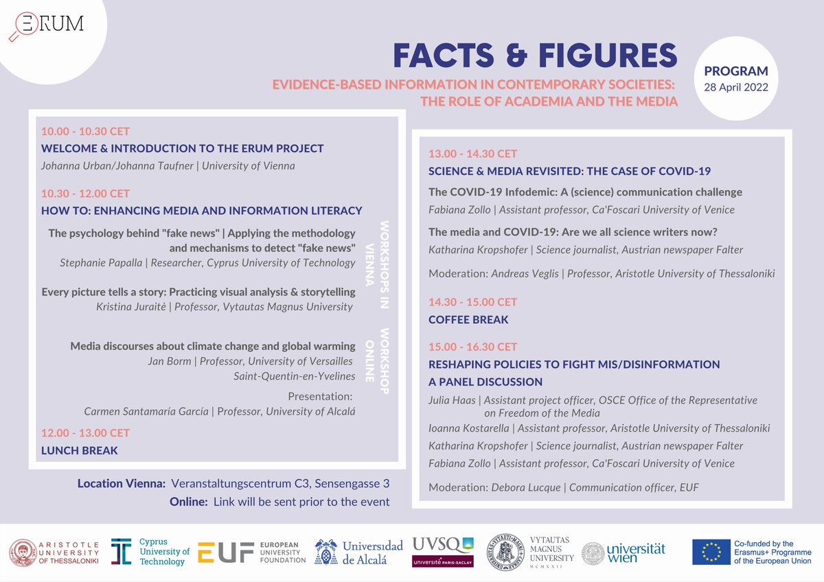 ERUMproject's tweet photo. Already explored the program of our hybrid conference Facts &amp; Figures | Evidence-based Information in Contemporary Societies: The Role of Academia and the Media? 28/04/2022 - in Vienna &amp; online https://t.co/dK3B8Clmy0 #scicomm #cdc #digcomp #covid19 #disinformation #covid19 https://t.co/tbE4rFwwdP