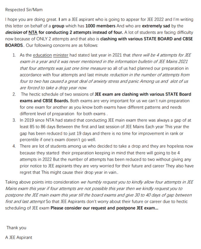 Garg45203995Dev's tweet photo. #PostponeJEEMains2022 
Anyone who is from Delhi!! We need your help! Court has ordered us to send physical representation to NTA! This is our only chance! Please come forward, if you’re from Delhi!! 
#JEEMainsAfterBoards.
 Send this letter or ur own. But plss send it today .🙏🙏 https://t.co/u23hEOqjDJ