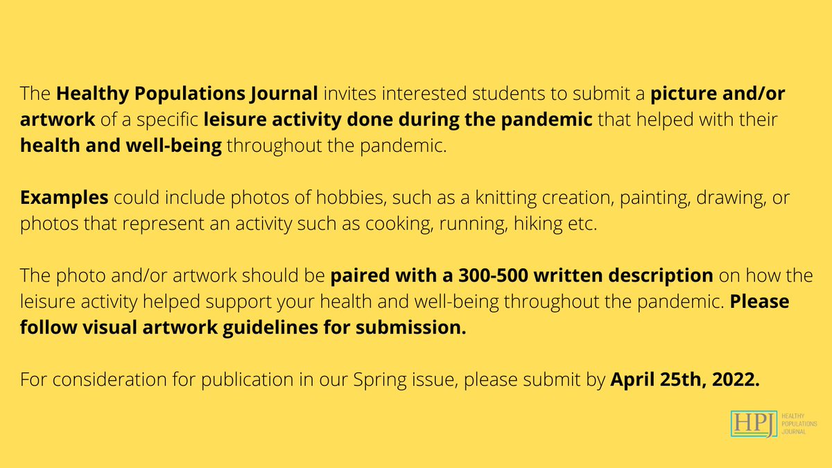 📢 SUBMIT YOUR ARTWORK‼️ HPJ is pleased to accept artistic submissions exploring the role of leisure activities in the pandemic for health and well-being.

Submissions deadline: April 25, 2022

Please review submission requirements here: ojs.library.dal.ca/hpj/about/subm…