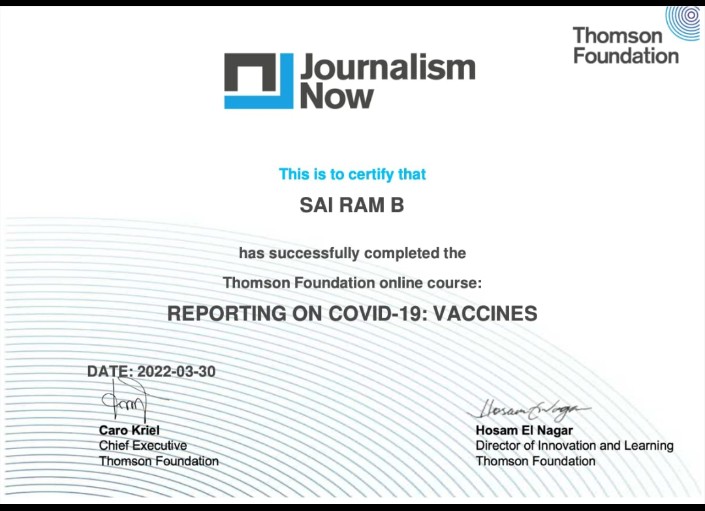SaiRamSays's tweet photo. Got 97% score. Special shout out to #ThomsonFoundation for training Young and Budding Journalists on #COVID19 and in that Vaccines as core topic.
Myths and Doubts on #COVID19Vaccine must be busted. It's our responsibility to drive this down. https://t.co/RjkYu6voip