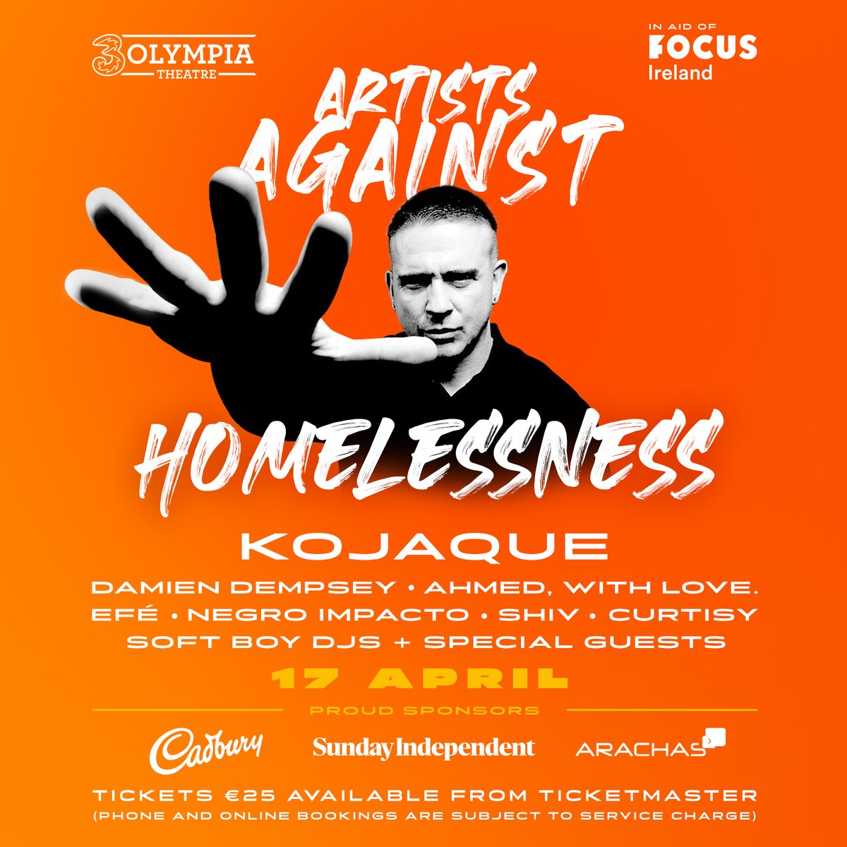 Artists Against Homelessness. Come and join Damo, @kojaque and more at 3Olympia Theatre on Sunday 17th April in aid of raising much needed funds for Focus Ireland to combat homelessness. Team Damo Tickets available at Ticketmaster now ticketmaster.ie/artists-agains…