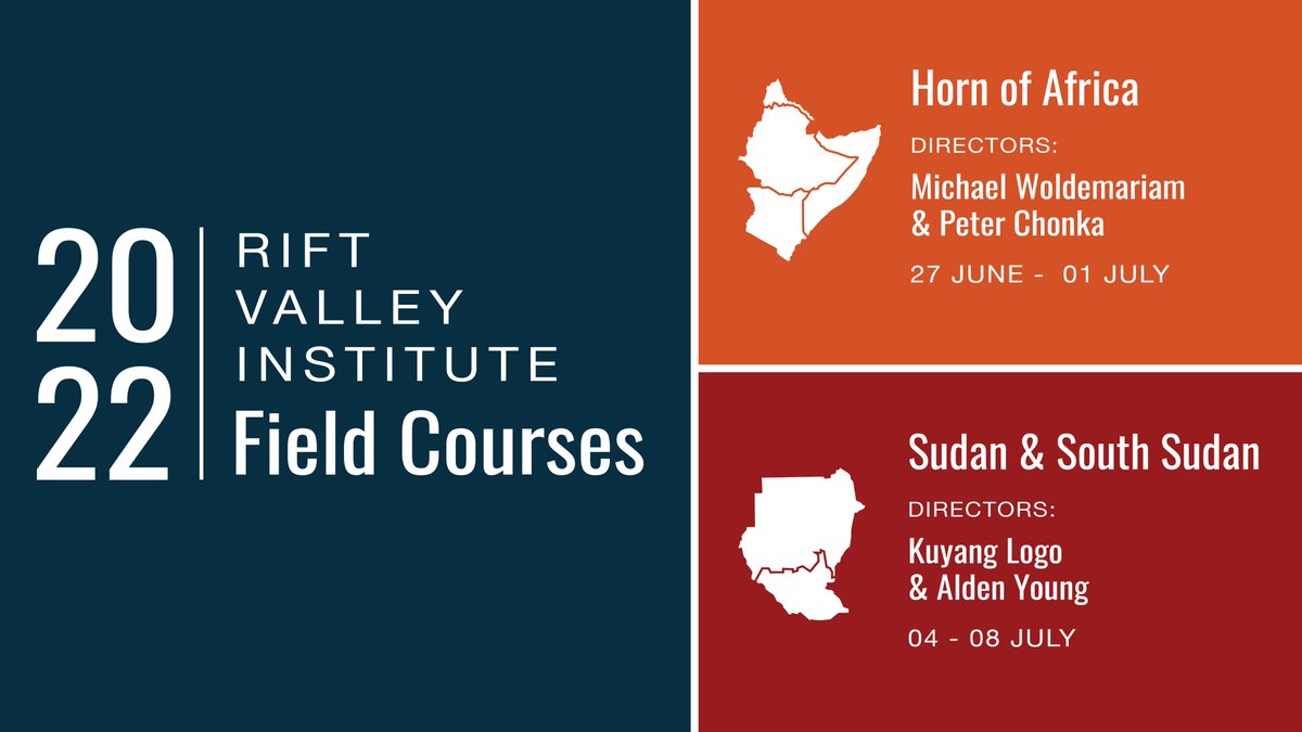 The <a href="/RVInews/">Rift Valley Institute</a> annual courses will commence this year after a 2-year Covid hiatus! 

The Horn of Africa - Sudan/South Sudan courses will kickoff in May-June 2022 in Kenya. The Great Lakes course is running this year on request only. 

Register here 
riftvalley.net/index.php/cour…