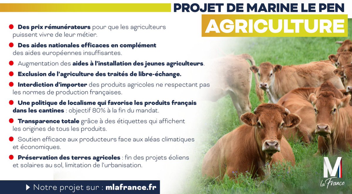MLP_officiel's tweet photo. Mon projet pour l’agriculture garantit des prix justes pour nos producteurs, la sécurité et la qualité pour les consommateurs, et l’indépendance alimentaire de la France. #UnJourUnLivret #GrandOAgri

👉🏻 https://t.co/Rfz10oOOZH https://t.co/XiZ7m0pQM0