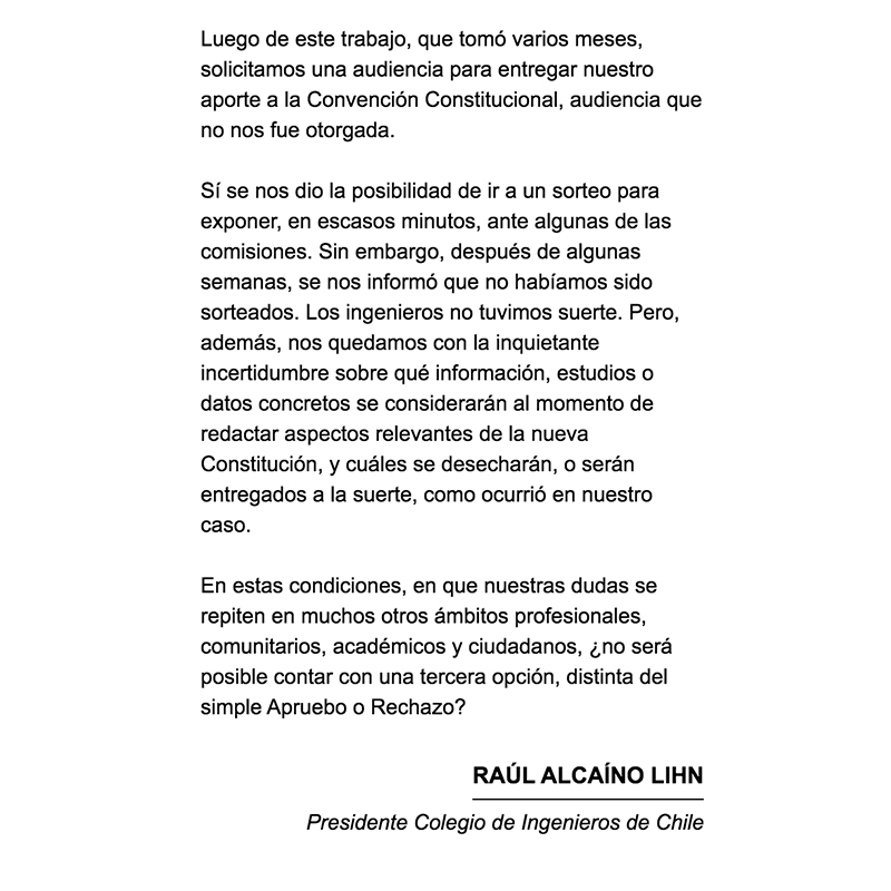 IngenierosCHILE's tweet photo. Te invitamos a leer la carta del presidente del Colegio de Ingenieros, Raúl Alcaíno, y a conocer los informes elaborados por nuestro gremio y enviados a la #ConvenciónConstitucional.

Revisa los informes ingresando aquí: 
https://t.co/rvyTwSobnm https://t.co/UCcdlFeVXW