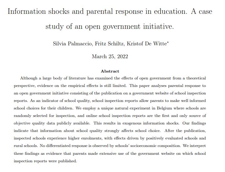 Our paper has been accepted for publication in Government Information Quarterly!

👉 After publication of favorable school inspection, enrollments⬆️by 7%.
👉 Effect lasts for multiple years.
👉 Effect driven by schools in rural areas.

w <a href="/silviapalmaccio/">Silvia Palmaccio</a>
feb.kuleuven.be/research/econo…