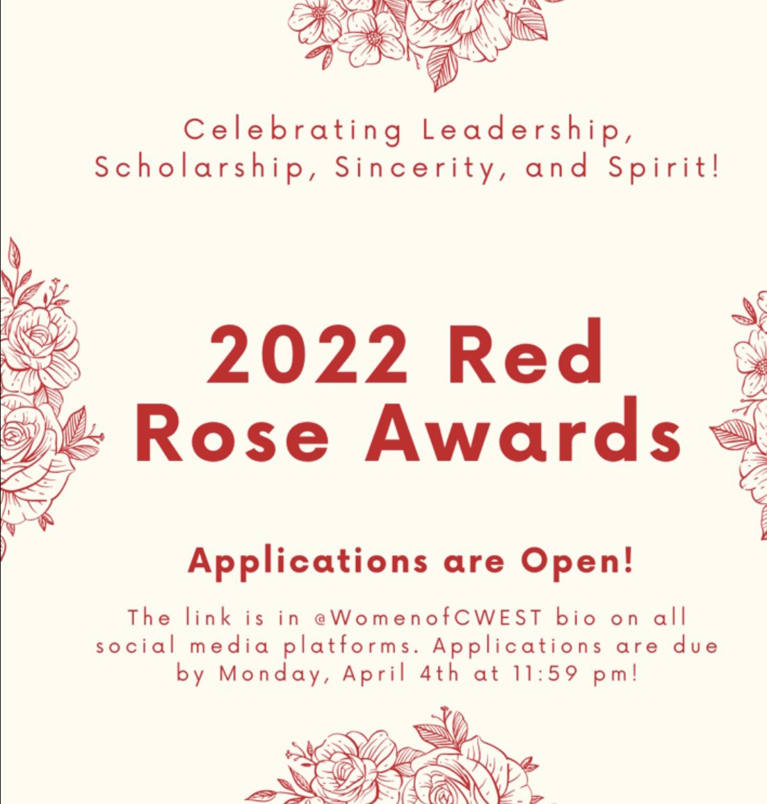 Red rose applications extended to Monday April 4th apply before it’s too late!!