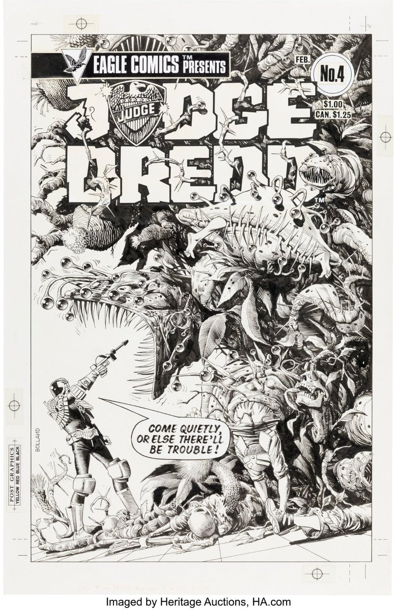 jaykza's tweet photo. One of the great Dredd covers ever by the legend, Brian Bolland, is up for auction next week. Should end much higher. Wonder if @TheSlyStallone or @KarlUrban collect art? Nice trophy. https://t.co/8k6uq3Y87c https://t.co/yk542kk0vB