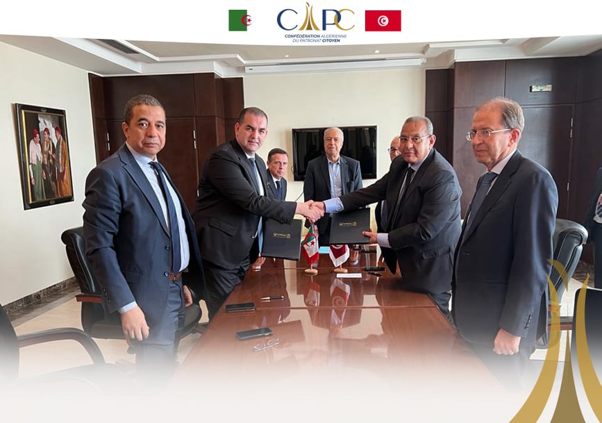 CAPCAlgerie's tweet photo. Signature d'un accord pour #relancer et #redynamiser le Conseil d’#Affaires Algéro-Tunisien par les présidents de la CAPC et de l'@UTICATun pour #consolider et  #renforcer la #coopération #économique entre l’#Algérie et la #Tunisie. 
@agli_sami  @mehdibendi https://t.co/hCdyXJNINf
