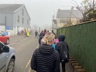 narberthschool's tweet image. What a fantastic, and foggy, walking bus to school this morning! Over 50 pupils, parents, governors and staff chose to make an #activejourney to school as part of our #BigWalkandWheel challenge for @SustransCymru. Ziggy the Zebra from 
Gwych! Diolch yn fawr iawn i chi gyd!