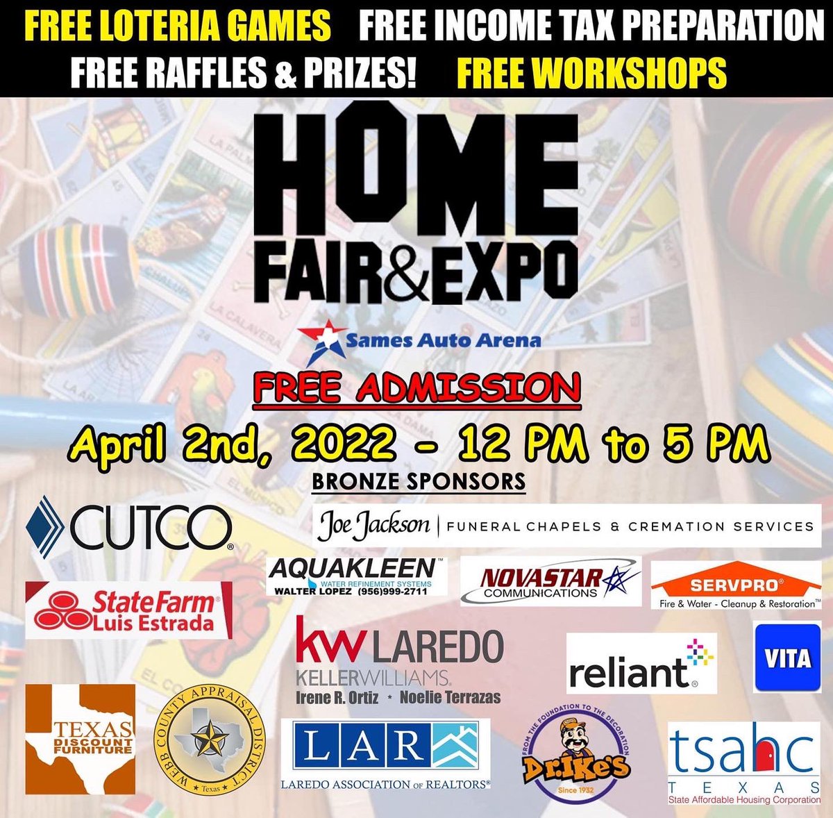 nwlaredo's tweet photo. 🚨🚨THIS SATURDAY APRIL 2ND, 2022 FROM 12 PM - 5 PM🚨🚨

HOME FAIR &amp; EXPO AT SAMES AUTO ARENA

Learn how to build, buy, and beautify your home🏡. Meet lenders, builders, realtors, insurance agents, and more! Loteria is back as the theme for our Home Fair &amp; Expo event. https://t.co/kaZUF8xyOt