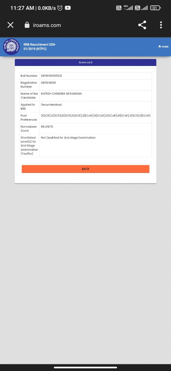 Khitish_14's tweet photo. I secured 66.41675 mark.
Over Cutoff mark level2(scr)
But Still I am not selected,Why is that????? #RRBNTPC #rrb_NTPC https://t.co/9Qy8oAhDfO