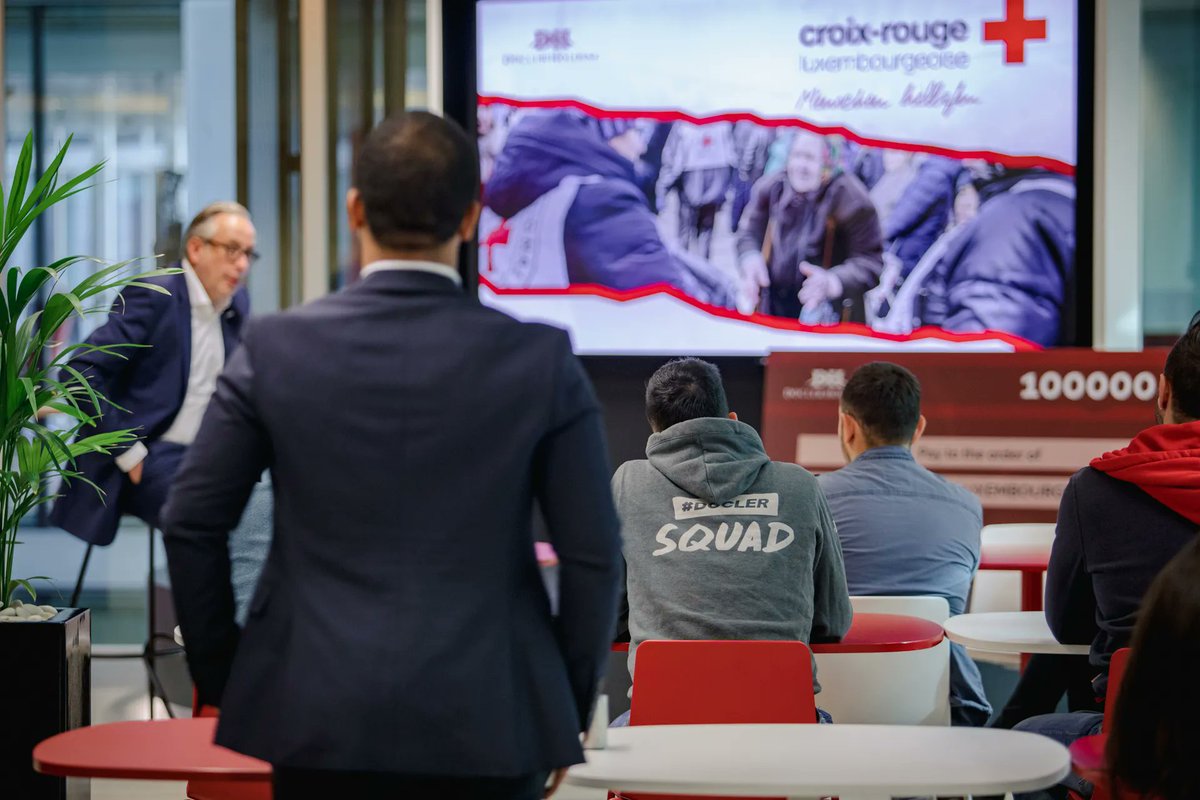 DoclerHoldingLU's tweet photo. In the framework of our donation to @CroixRougeLu , @LucScheer, Management Board Member of Red Cross Luxembourg, spoke to our colleagues in our office about the situation unfolding in Ukraine, what the Red Cross is doing to help those affected, and how we can support. https://t.co/I8M6NwGuog