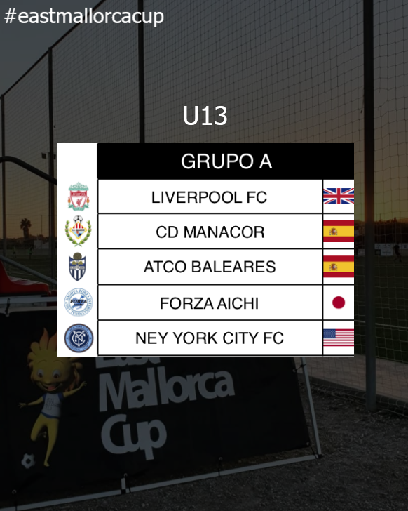 Grupos #eastmallorcacup 2022

Categoría U13 Grupo A (Sa Torre/Son Servera):
<a href="/LFC/">Liverpool FC</a> 
@cd_manacor  
<a href="/atleticbalears/">Atlético Baleares</a> 
<a href="/forza_aichi/">FORZA INTERNATIONAL</a> 
@NYCFC 

1️⃣4️⃣days to go!⚡⚡

eastmallorcacup.com

#Mallorca  #fútbolbase #fútbolformatiu #youthfootball
