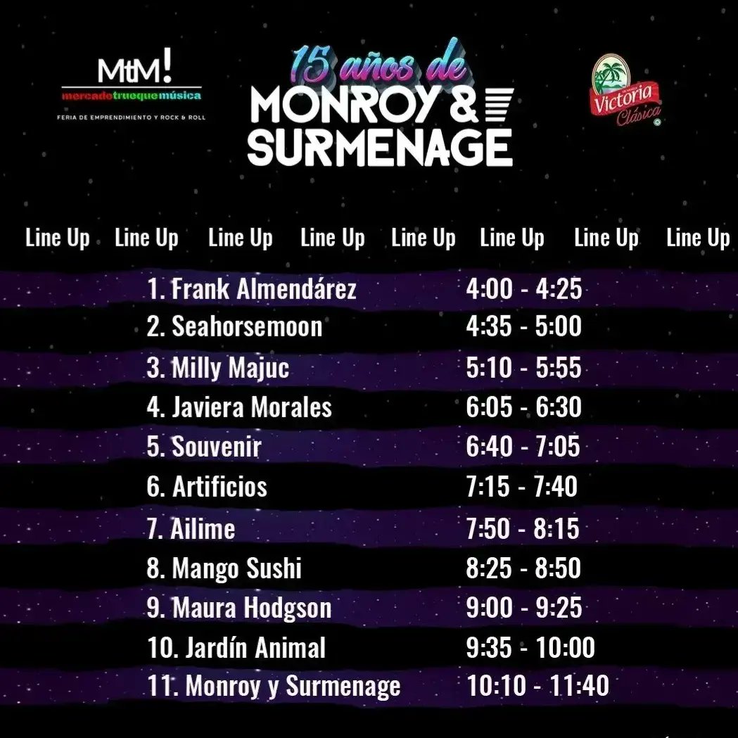 Line up oficial #15AñosMonroyYSurmenage