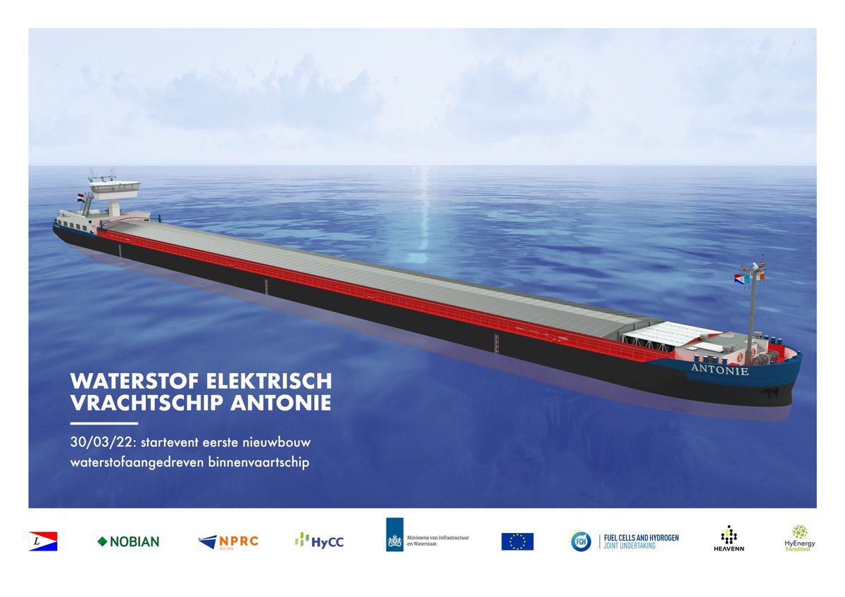 MinIenW's tweet photo. Minister @markharbers start officieel de bouw van het ms Antonie, het eerste binnenvaartschip in Nederland volledig op groene #waterstof. Vanaf medio 2023 in de vaart. Het schip draagt bij aan het realiseren van een uitstootvrije #binnenvaart https://t.co/WoLiwcXKTd