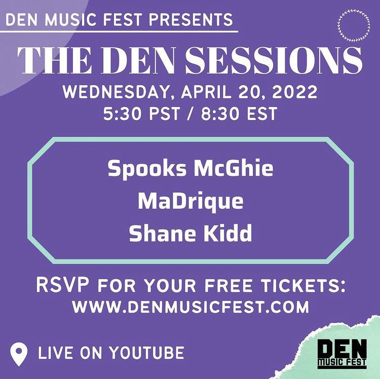 denmusicfest's tweet photo. Discover your next favorite artist with us 🎶 April 20 with @SpooksMcGhie, @MadriqueSanders, and @ShaneKidd86. Hosted by @lastnamegood and @norarahimian. https://t.co/czsp6JR33r