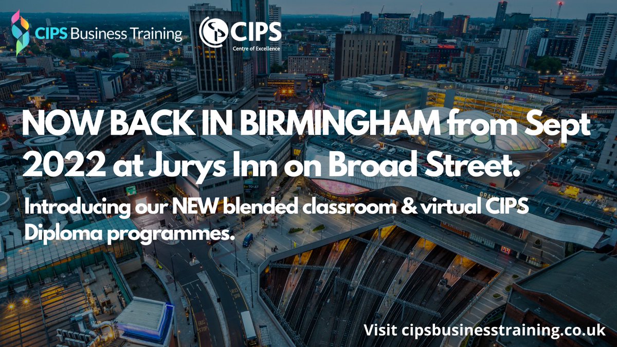 cipstraining's tweet photo. We are back training in #Birmingham from Sept 2022
At the newly refurbished Jurys Inn on Broad Street.
We know our new blended classroom &amp; virtual #CIPS Diploma programme will sell out fast so don’t miss out and register online at https://t.co/U73aBZ44FG https://t.co/kVtdu5Qdsi