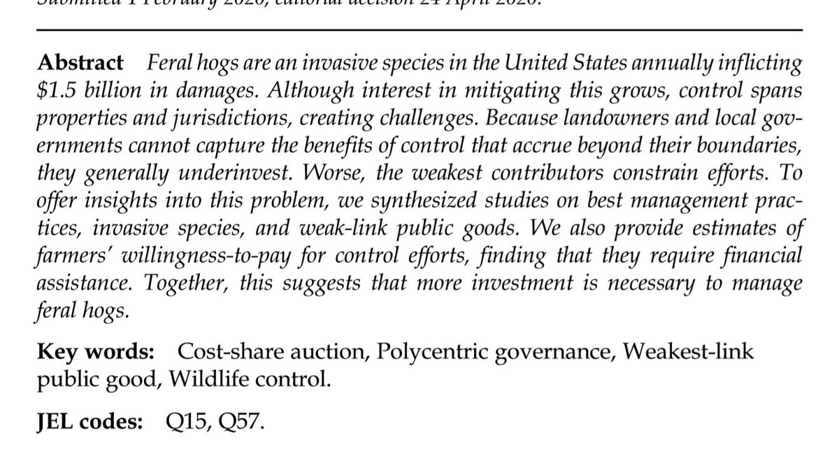 Found a hidden gem! The Problem of Feral Hogs and the Challenges of Providing a Weak-Link Public Good. doi:10.1002/aepp.13086 Local governments and landowners struggle to control organized swine units, bearing with $1.5bn annual damages. #EconTwitter #EnvironmentalEconomics 1/5