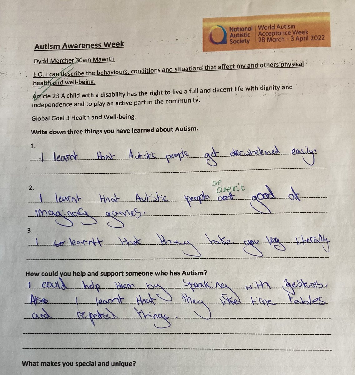 sketty_primary's tweet photo. #Y5CJJM learning about #Autism and how to support autistic people #WorldAutismAcceptanceWeek #OnesieWednesday @Autism #Article2 #Article23 #Article24 #Article29 #GlobalGoal3 #GlobalGoal4 @StuartRRSA @childcomwales @Addysg_Cymraeg https://t.co/b4cl6QGXNV