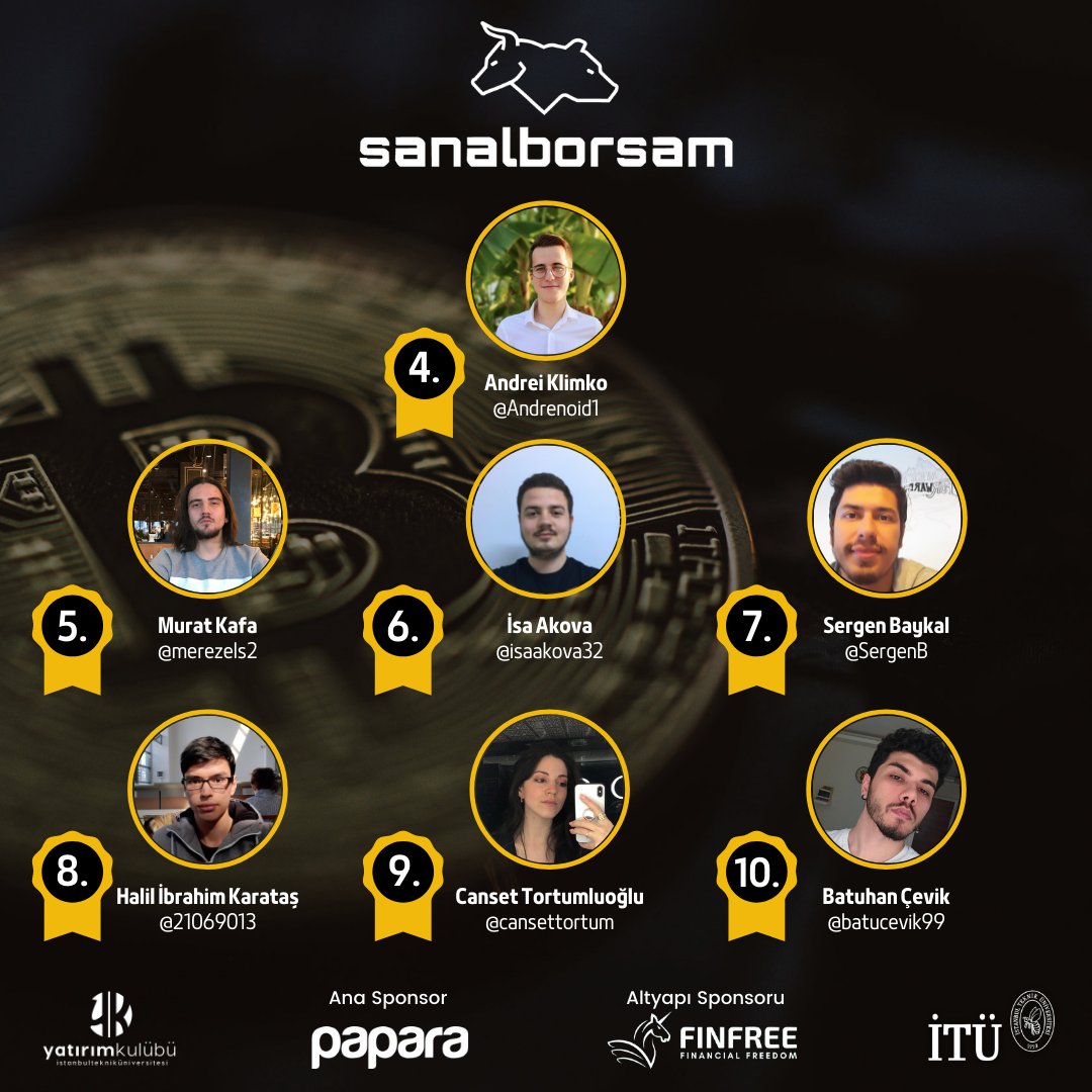 İTÜ Yatırım Kulübü ve SanalBorsam ekibi olarak bu sene ilk kez gerçekleştirdiğimiz SanalBorsam Kripto Para Yarışması'nın üçüncüsü Mert Dündar'ı ve dereceye giren tüm yarışmacılarımızı başarılarından ötürü tebrik ederiz.🥉🏆

#yatirimkulubu #sanalborsam #itü #yatırımkulübü