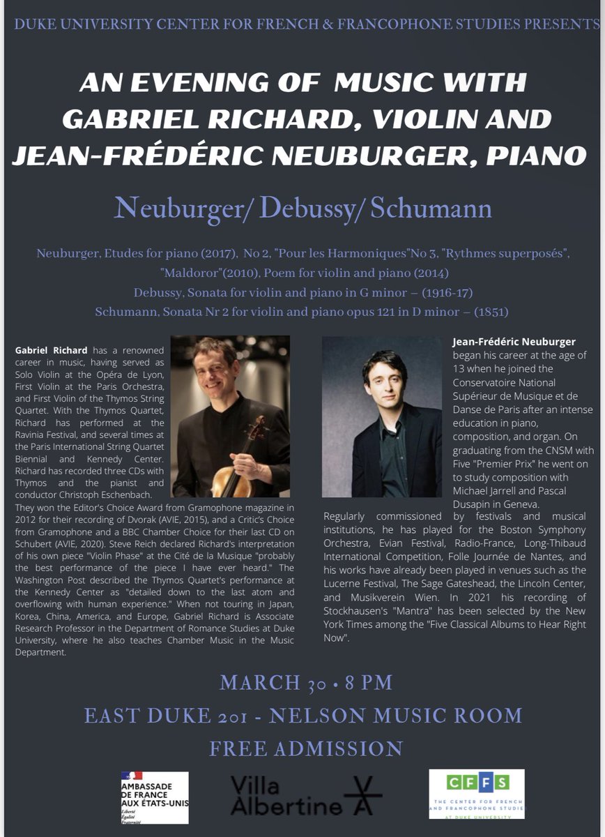 DukeRomanceSt's tweet photo. Tonight at 8pm join @DukeCFFS for an evening of music with Gabriel Richard and Jean-Frédéric Neuburger 

They will perform pieces composed by Neuburger. As well as Debussy and Schumann. 

Free Admission 8pm at the Nelson Music Room https://t.co/tWcz6x0QdC