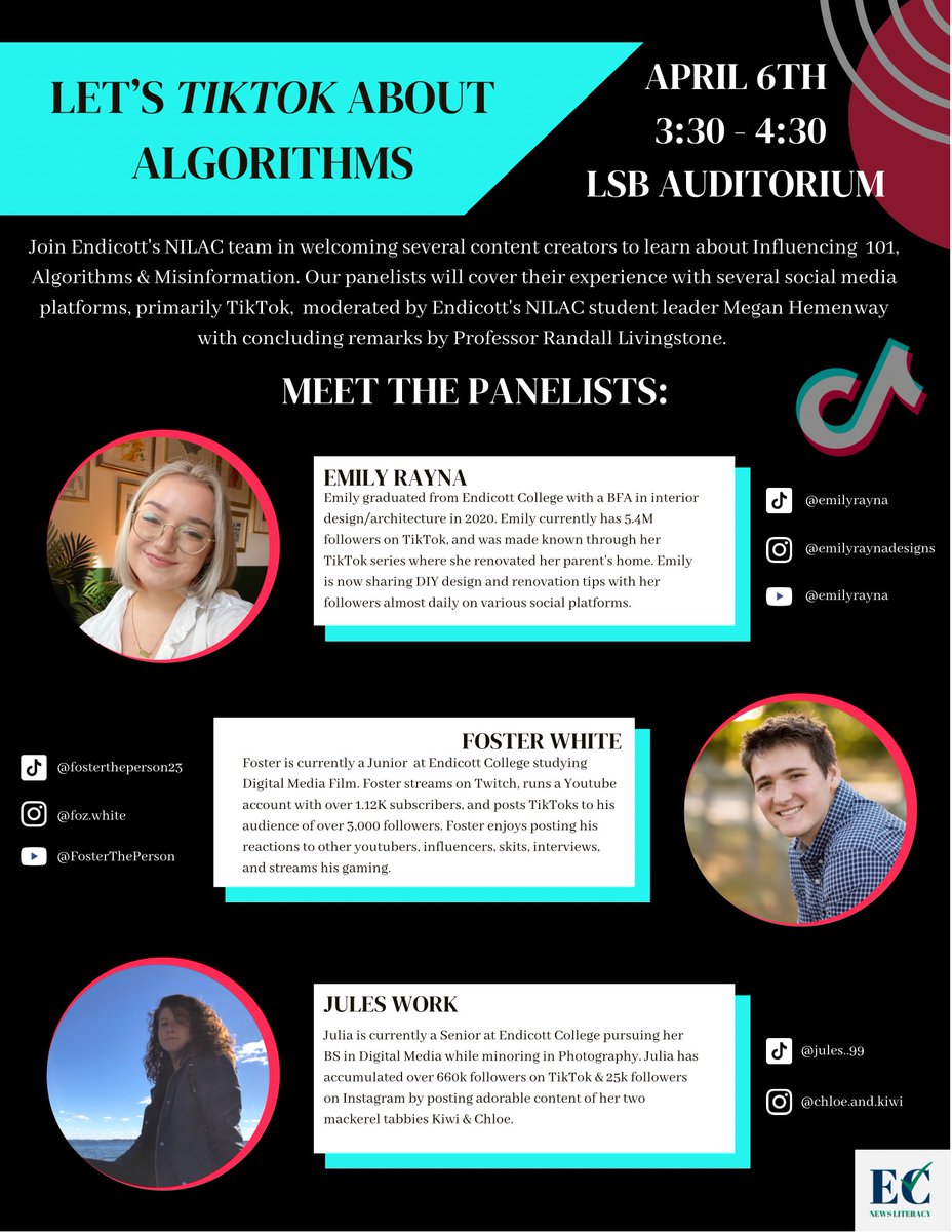 Let's TIKTOK about Algorithms! Join Endicott's NILAC team in welcoming several content creators to learn about Influencing 101, Algorithms, &amp; Misinformation on April 6th in the LSB. See the flyer for more info! #newsliteracy #tiktok #socialmedia